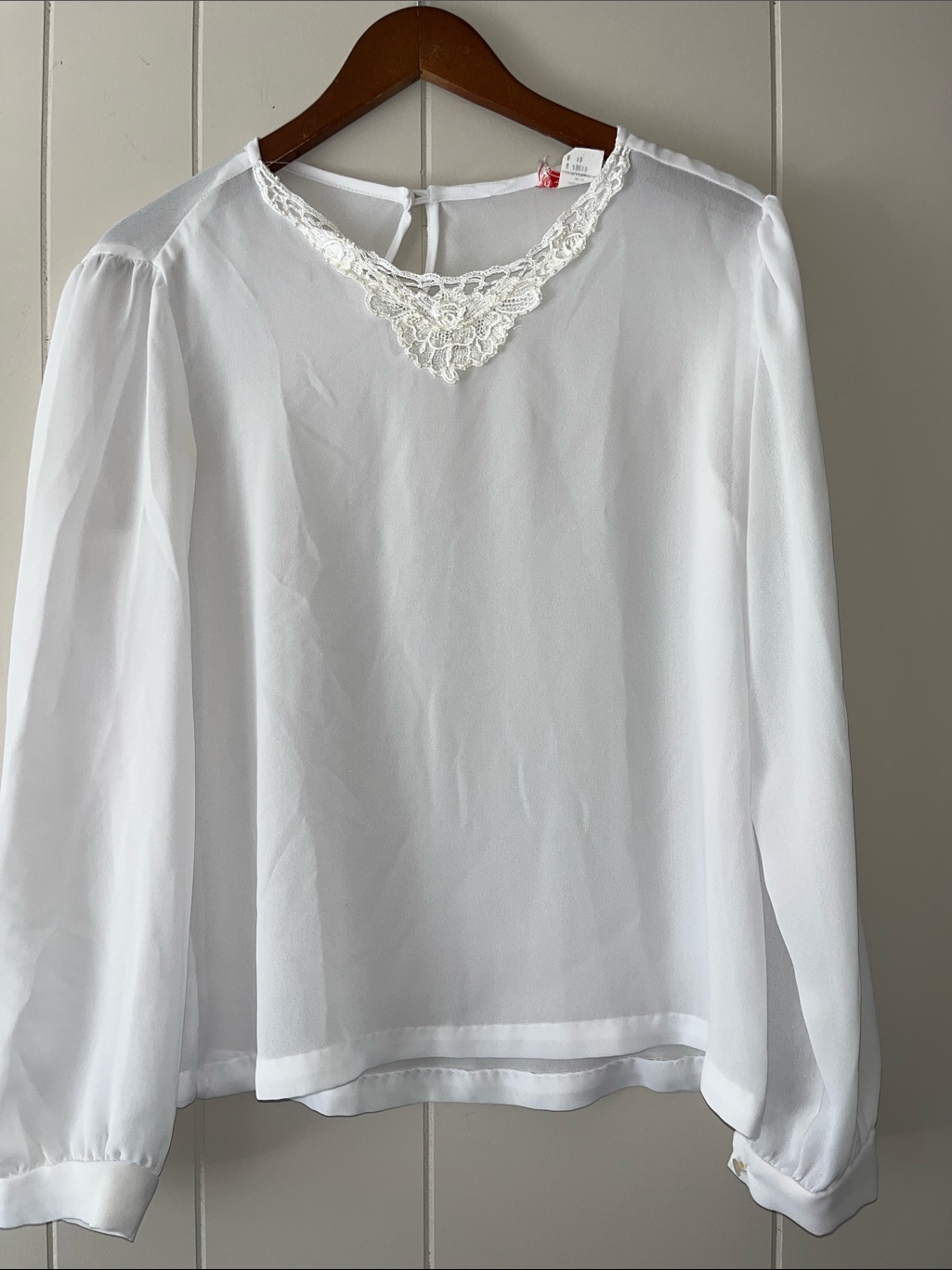 Sisley White Lace-Trim Long Sleeve Blouse